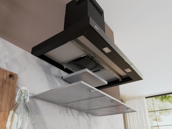 Dunstabzugshaube mit herausgenommenem Metallfettfilter und eingesetztem Aktivkohlefilter im Umluftbetrieb.