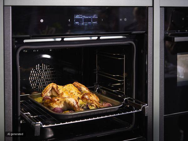 Forno con sportello aperto e teglia contenente pollo arrosto e patate in cottura