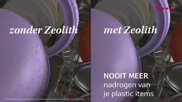 Vergelijking naast elkaar van afwas gedaan zonder en met zeolith, waarbij het droge resultaat en de afwezigheid van condens op de glazen worden benadrukt