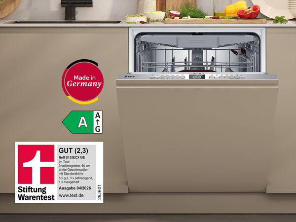 NEFF Geschirrsp&uuml;ler S155ECX15E im Geschirrsp&uuml;ler Test 2026 mit Stiftung Warentest Bewertung GUT (2,3), Energieeffizienzklasse A und Made in Germany.