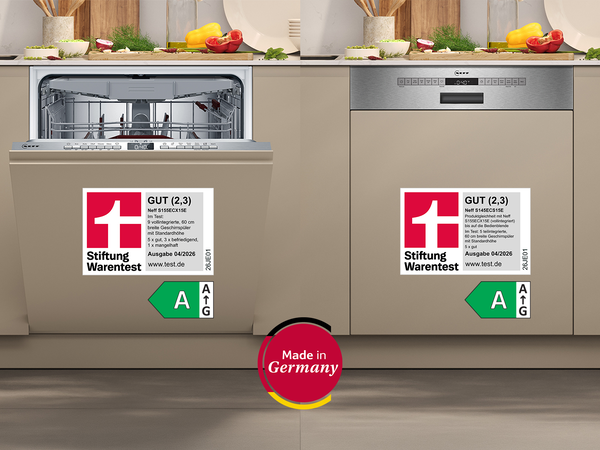 NEFF Geschirrsp&uuml;ler S155ECX15E und S145ECS15E im Geschirrsp&uuml;ler Test 2026 mit Stiftung Warentest Bewertung GUT (2,3), Energieeffizienzklasse A und Made in Germany