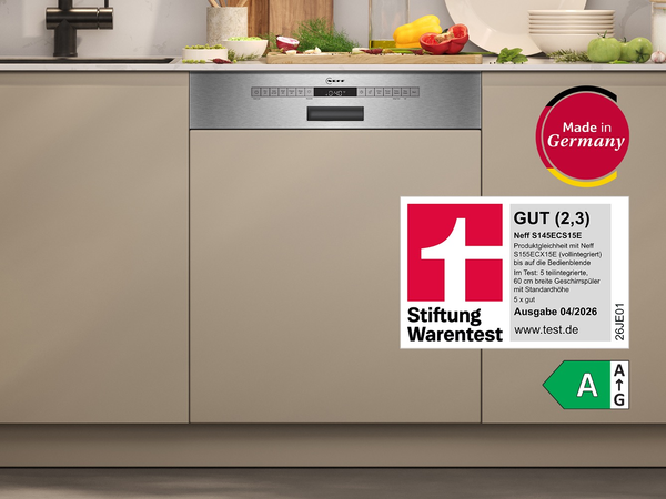 NEFF Geschirrsp&uuml;ler S145ECS15E im Geschirrsp&uuml;ler Test 2026 mit Stiftung Warentest Bewertung GUT (2,3), Energieeffizienzklasse A und Made in Germany.
