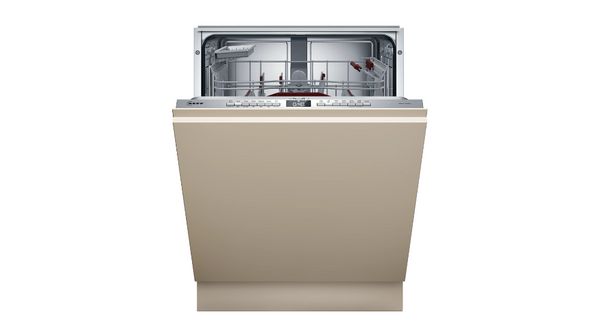 Inbouw vaatwasser met beige deur, open bovenrek en digitaal bedieningspaneel