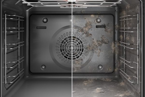 Immagine con l&rsquo;interno di un forno a confronto: a sinistra pulito, a destra incrostato