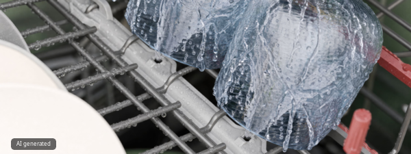Drei Gl&auml;ser im Oberkorb eines NEFF Geschirrsp&uuml;lers werden von den D&uuml;sen der Crystal Clean Zone mit Wasserstrahlen gereinigt.