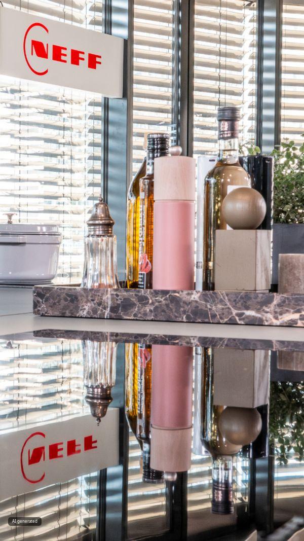 Kitchen countertop with multiple utensils and NEFF brand logo on window