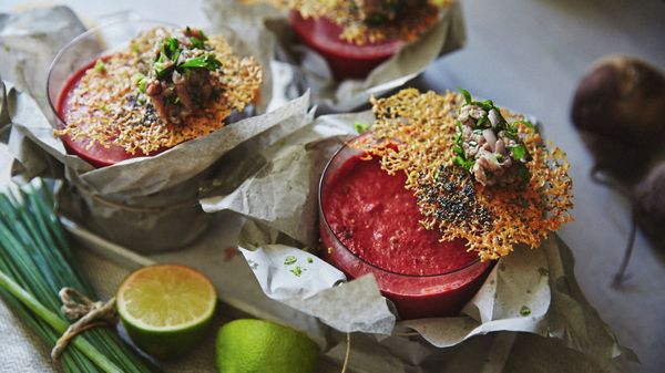 Frothy beetroot soup with parmesan crisps and tatar