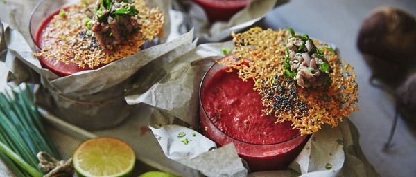 Frothy beetroot soup with parmesan crisps and tatar