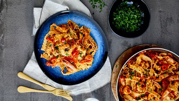 Mafaldine pasta with shrimps