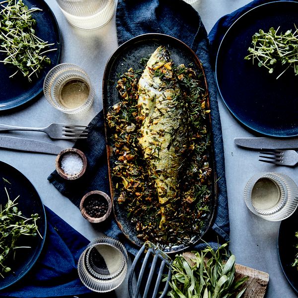 Gekruide zeebaars ‘en papillotte’ met waterkerssalade 