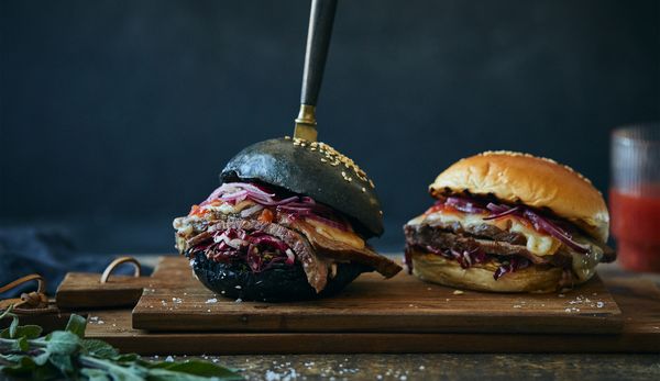 Ox-shred burger with tomato jam and marinated radicchio
