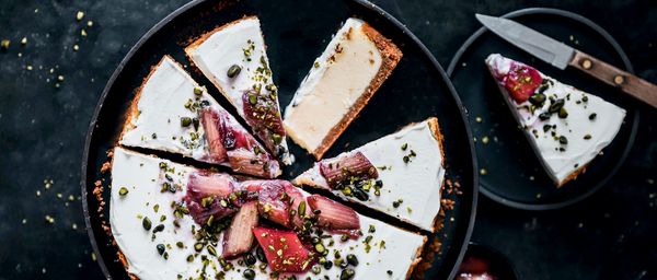 Steam-oven cheesecake with rhubarb sauce