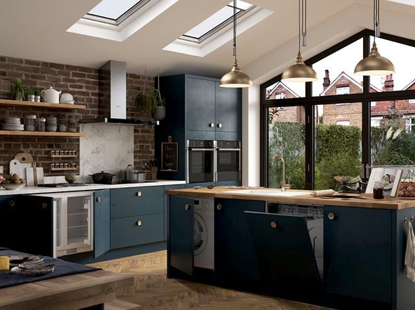 Brick and blue themed kitchen with NEFF behind the door appliances